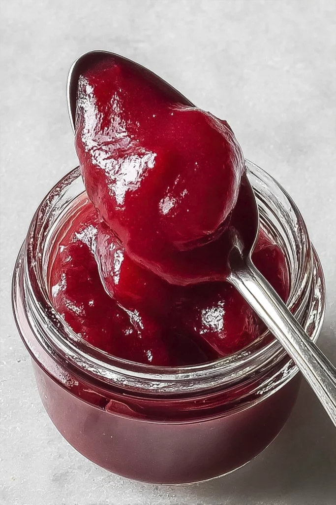 Close-up of a spoon lifting thick homemade rhubarb compote from a glass jar on a light background.