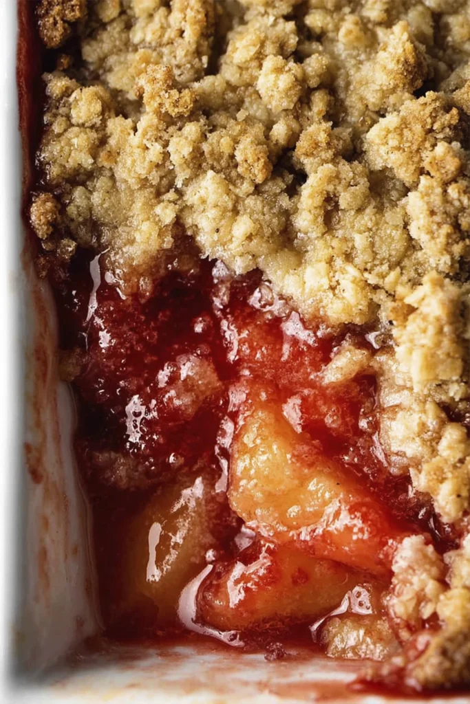 Close-up of homemade rhubarb crumble with golden oat streusel topping and bubbling rhubarb filling in a baking dish.