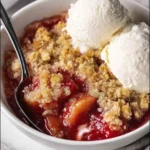 Warm rhubarb crumble with golden streusel topping served with vanilla ice cream in a white bowl.