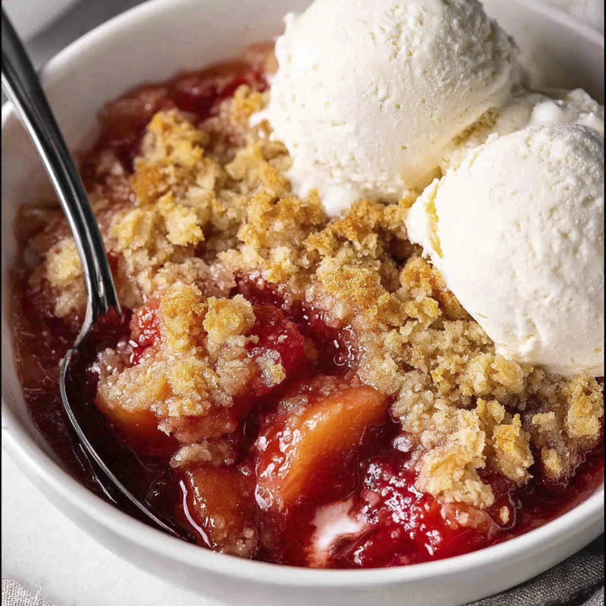 Warm rhubarb crumble with golden streusel topping served with vanilla ice cream in a white bowl.