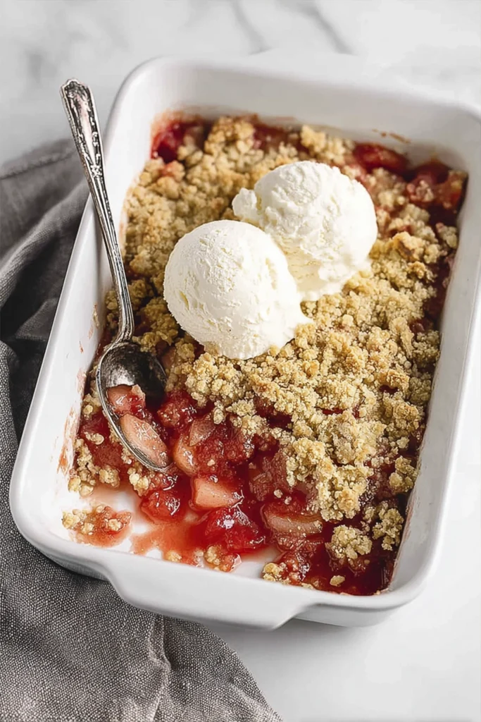Homemade rhubarb crumble with golden streusel topping and vanilla ice cream in a white baking dish.