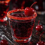 Close-up of a sparkling red cherry cocktail with a sugared rim and maraschino cherry garnish in a glass on a rustic wooden table.