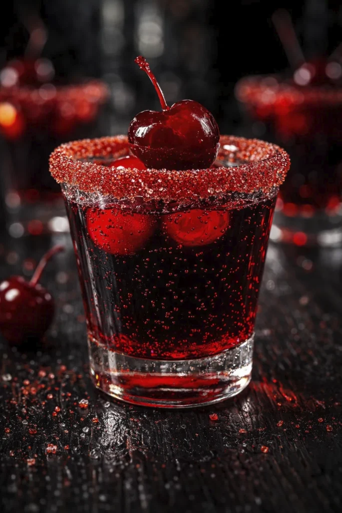 Close-up of a sparkling red cherry cocktail in a sugar-rimmed curved glass topped with a glossy maraschino cherry on a dark wooden table.