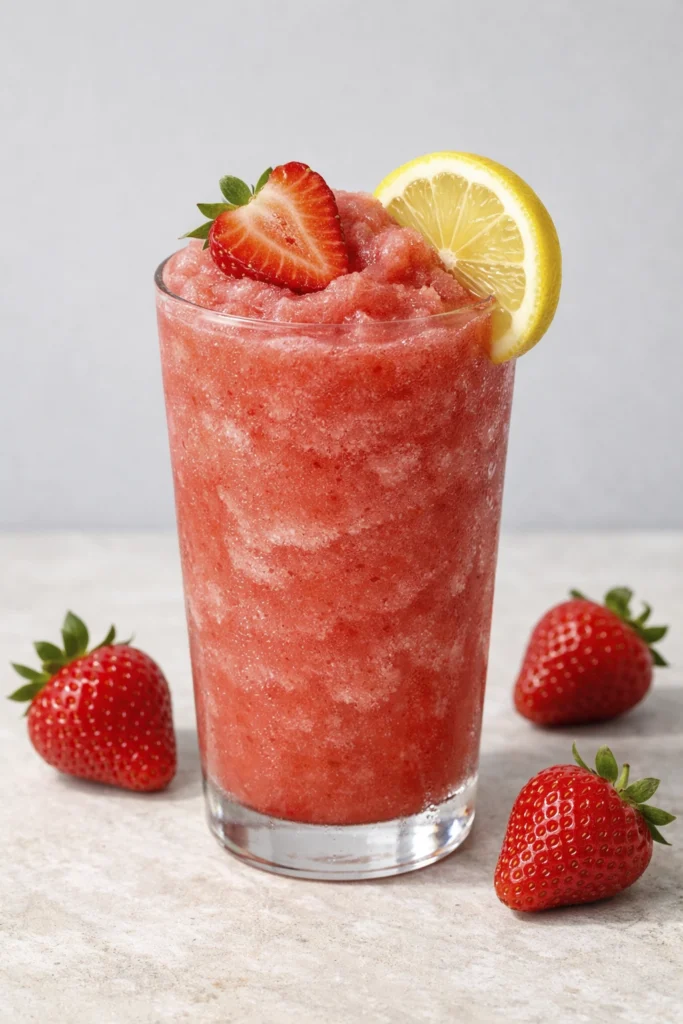 Hand placing a fresh strawberry garnish on a frozen strawberry lemonade slush in a tall glass.
