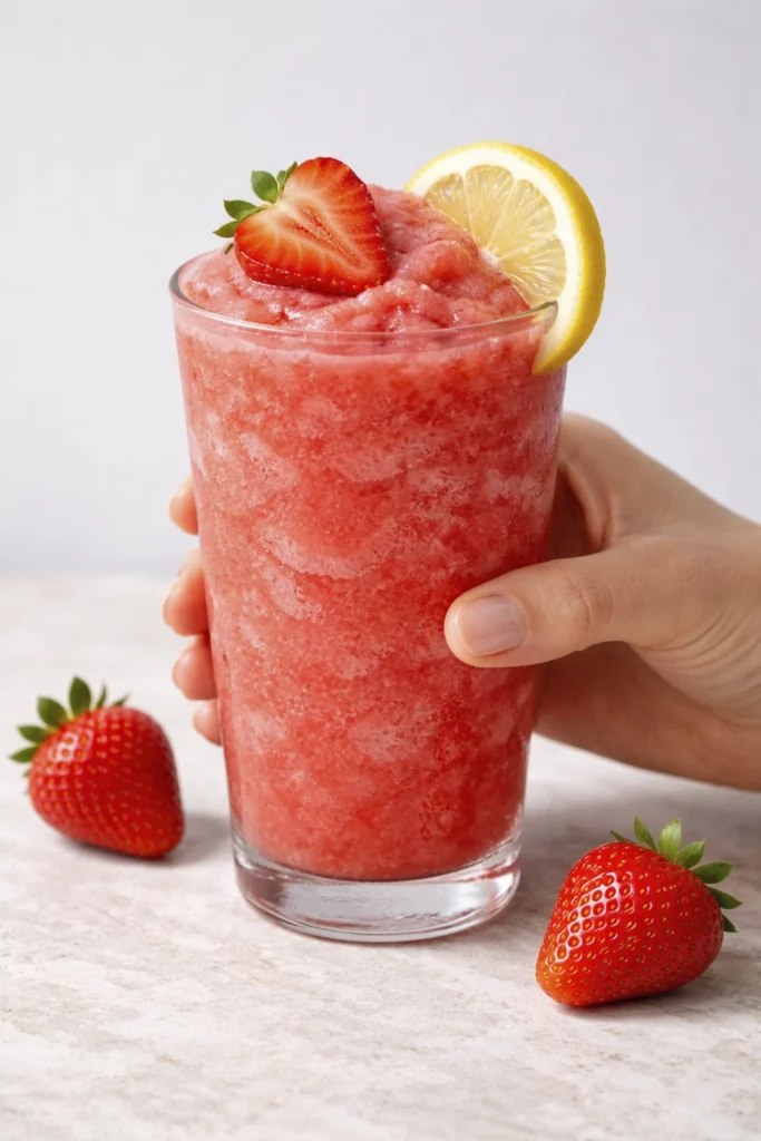 Tall glass of frozen strawberry lemonade slush topped with a fresh strawberry slice and lemon wheel on a light grey background.