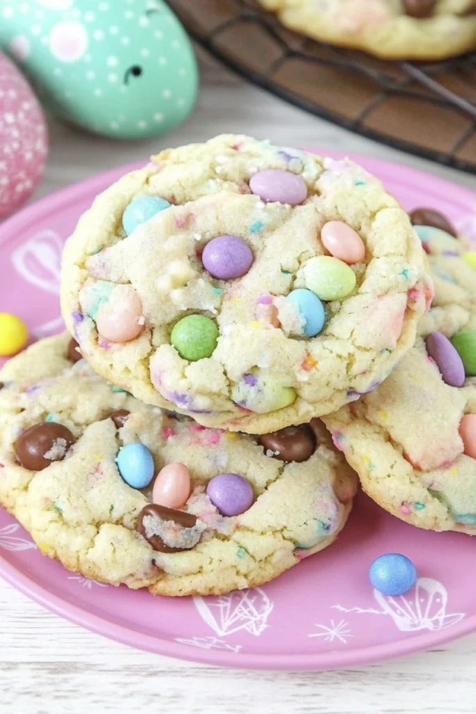 Soft pastel Easter sugar cookies topped with colorful candy-coated chocolates and rainbow sprinkles on a pink plate.