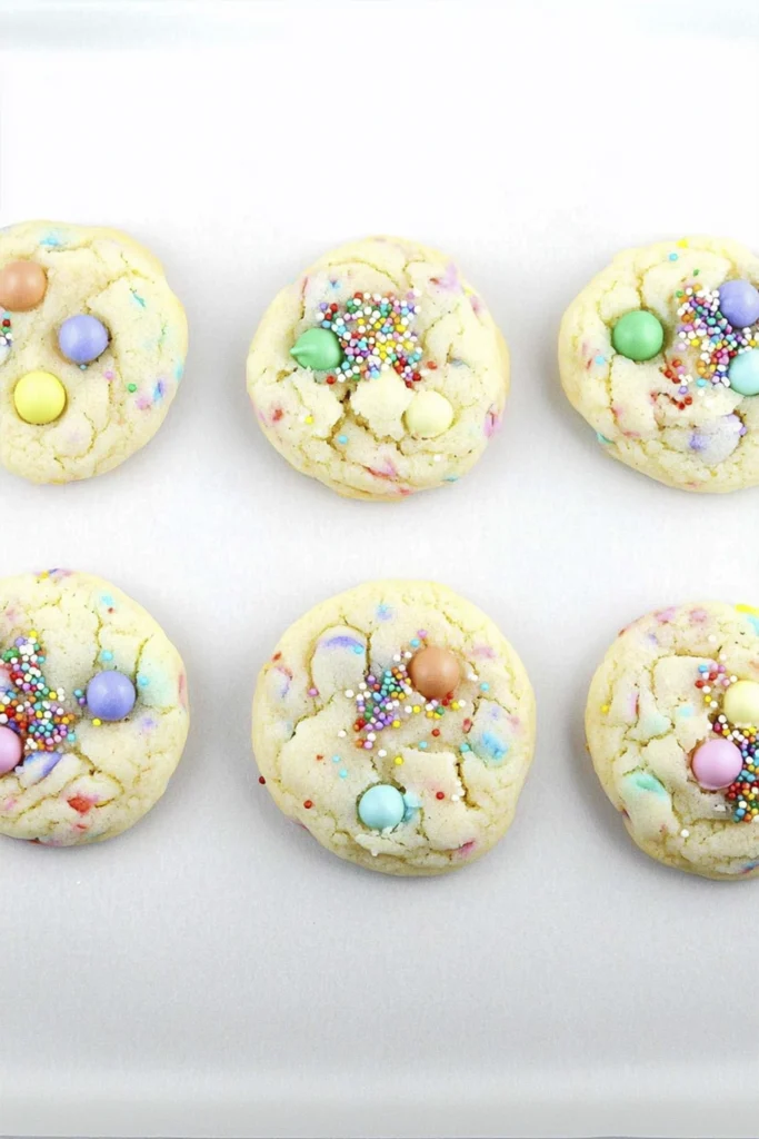 Overhead view of soft funfetti sugar cookies with pastel candy pieces and rainbow sprinkles arranged on parchment paper.