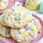 Soft funfetti sugar cookies with pastel candy-coated chocolates and rainbow sprinkles arranged on a white table with Easter-themed decorations.