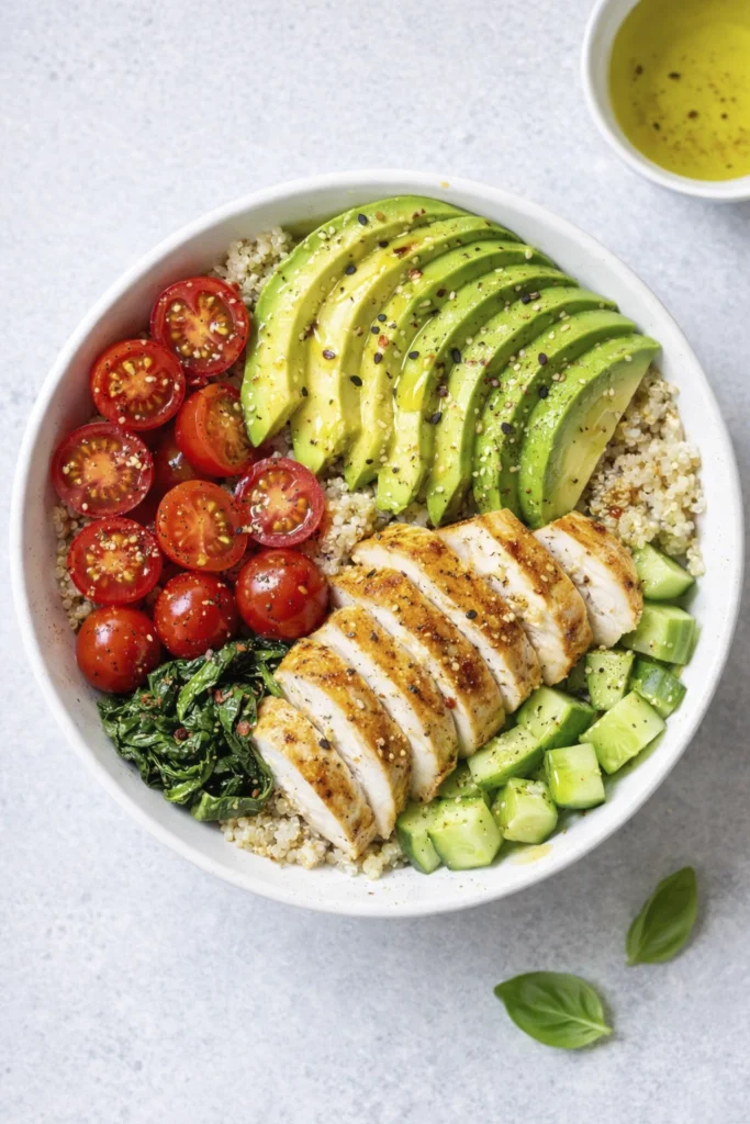 Healthy chicken quinoa bowl with avocado, cherry tomatoes, cucumber, and greens for a balanced high-protein meal
