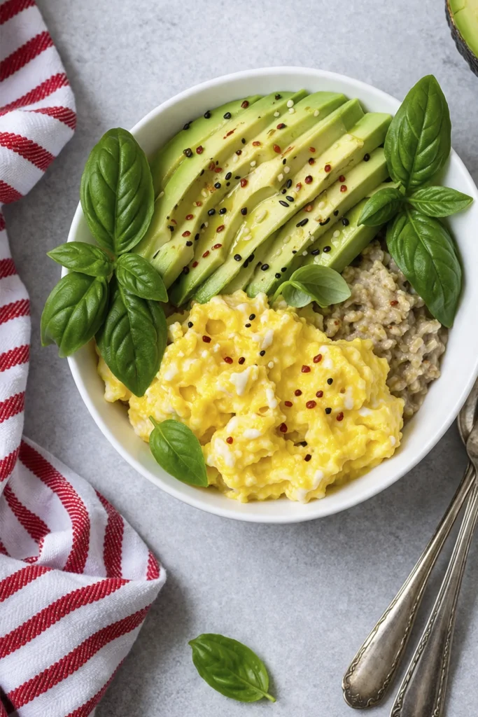 Healthy avocado and scrambled eggs protein bowl with oatmeal, fresh basil, and seasoning for a high-protein breakfast