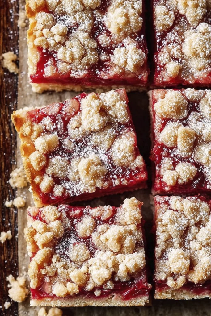 Homemade rhubarb crumble bars with buttery streusel topping and powdered sugar cut into squares.