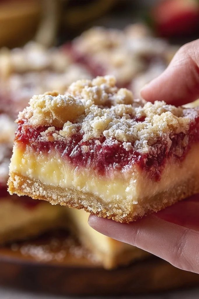Hand holding a rhubarb custard crumble bar with shortbread crust, creamy custard layer, and streusel topping.