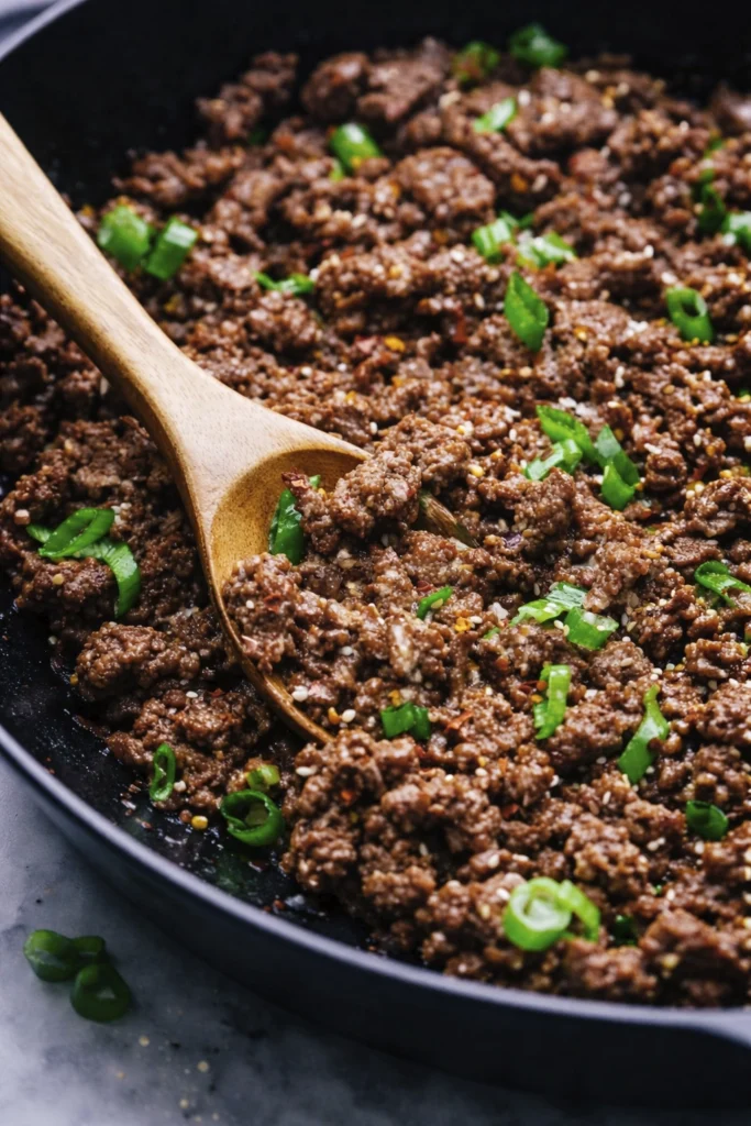 Close-up of Korean ground beef cooking in a pan with a wooden spoon, garnished with green onions and sesame seeds