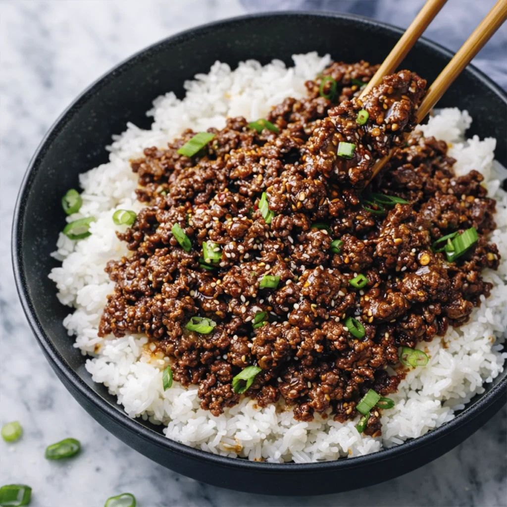Korean ground beef rice bowl topped with sesame seeds and green onions in a black bowl with chopsticks