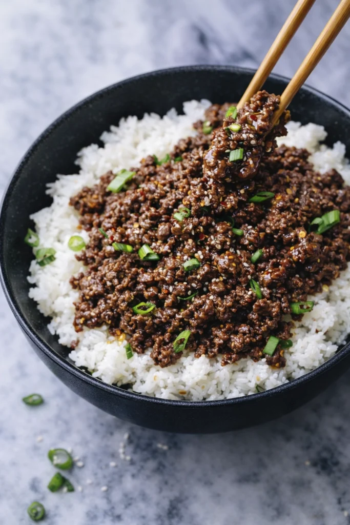Korean ground beef rice bowl topped with sesame seeds and green onions in a black bowl with chopsticks