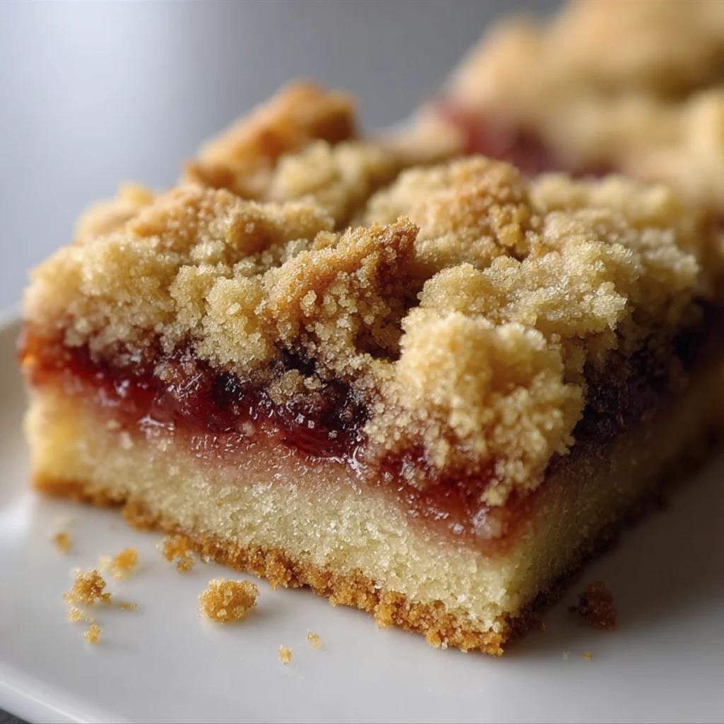 Strawberry crumble dessert bar with buttery crumb topping and jam filling on a white plate.