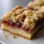 Strawberry crumble dessert bar with buttery crumb topping and jam filling on a white plate.