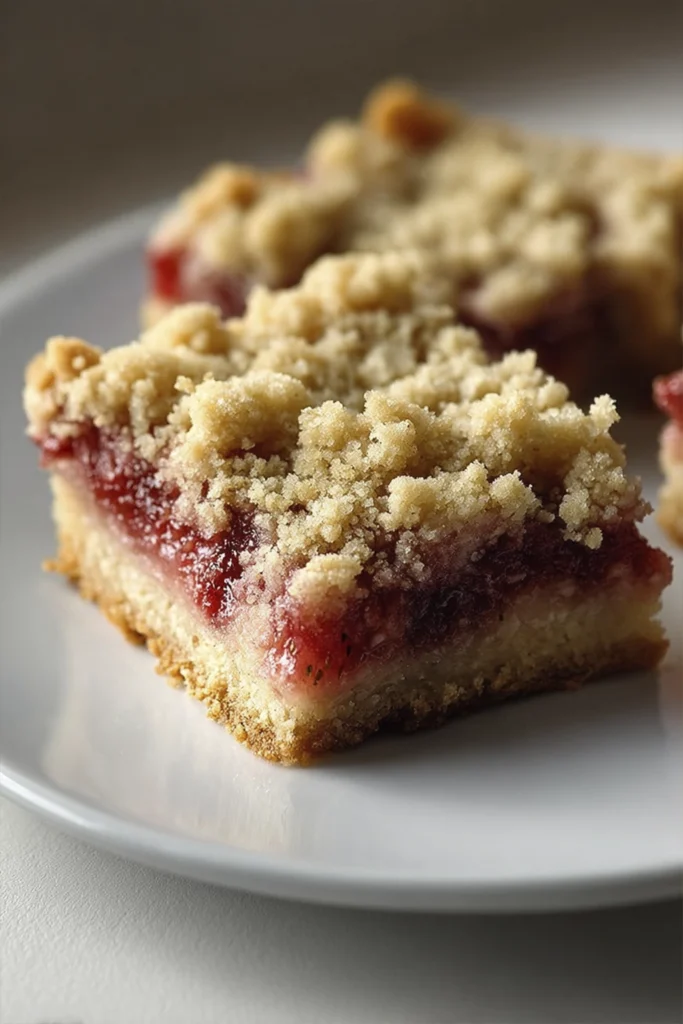 Strawberry crumb bars with buttery crumble topping and jammy strawberry filling served on a white plate.