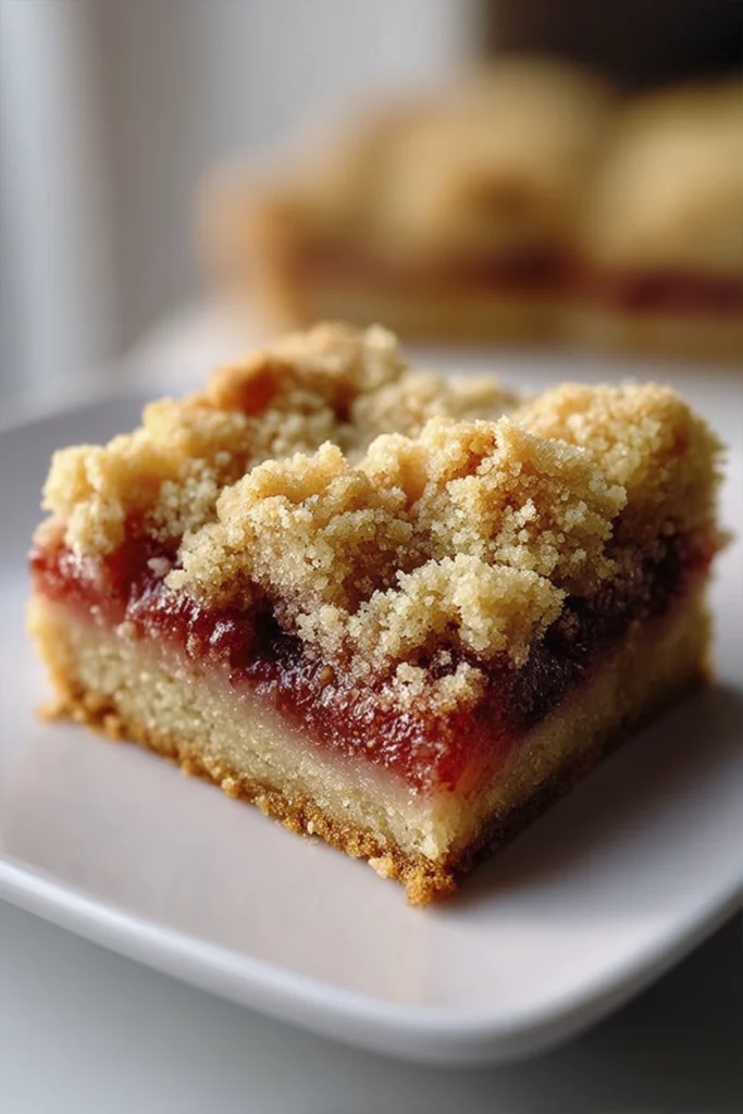 Close-up strawberry crumble bar with buttery crust, jammy strawberry filling, and golden streusel topping on a white plate.