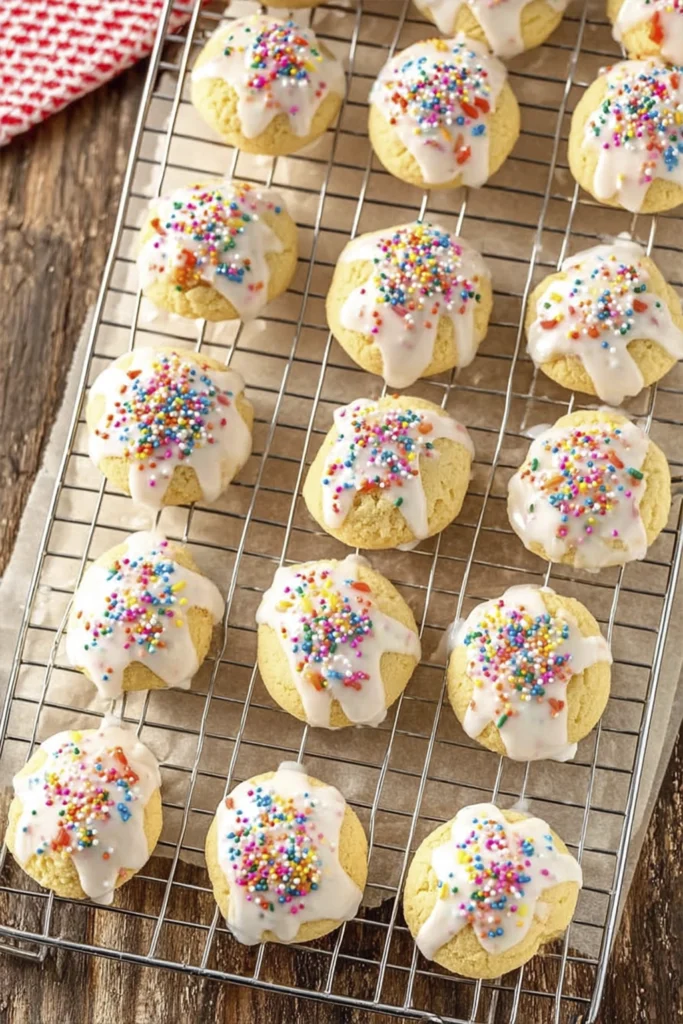 Small vanilla glazed cookies with colorful rainbow sprinkles cooling on a wire rack over parchment paper.