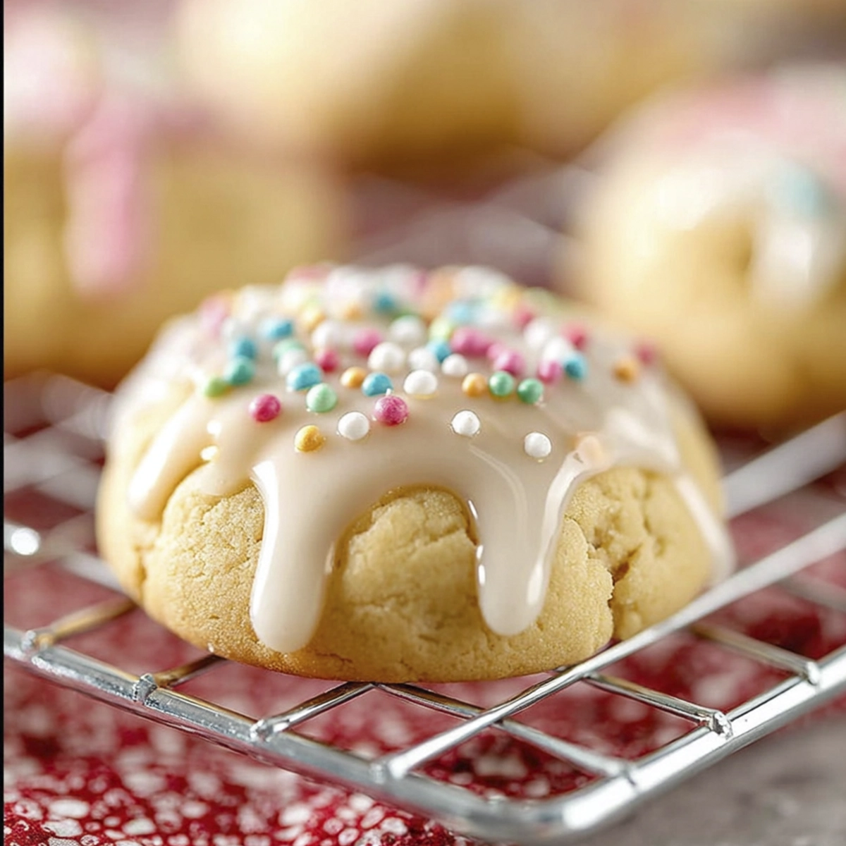 Glazed vanilla cookies with white icing and colorful sprinkles cooling on a baking rack.