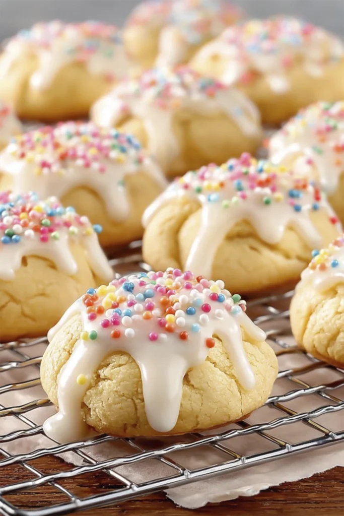 Soft vanilla cookies topped with white icing glaze and rainbow sprinkles cooling on a metal wire rack.