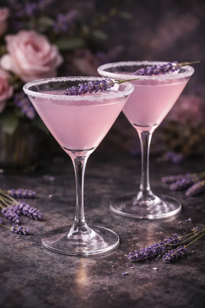 Two pale pink lavender cocktails in martini glasses with sugared rims and fresh lavender garnish on a dark table.