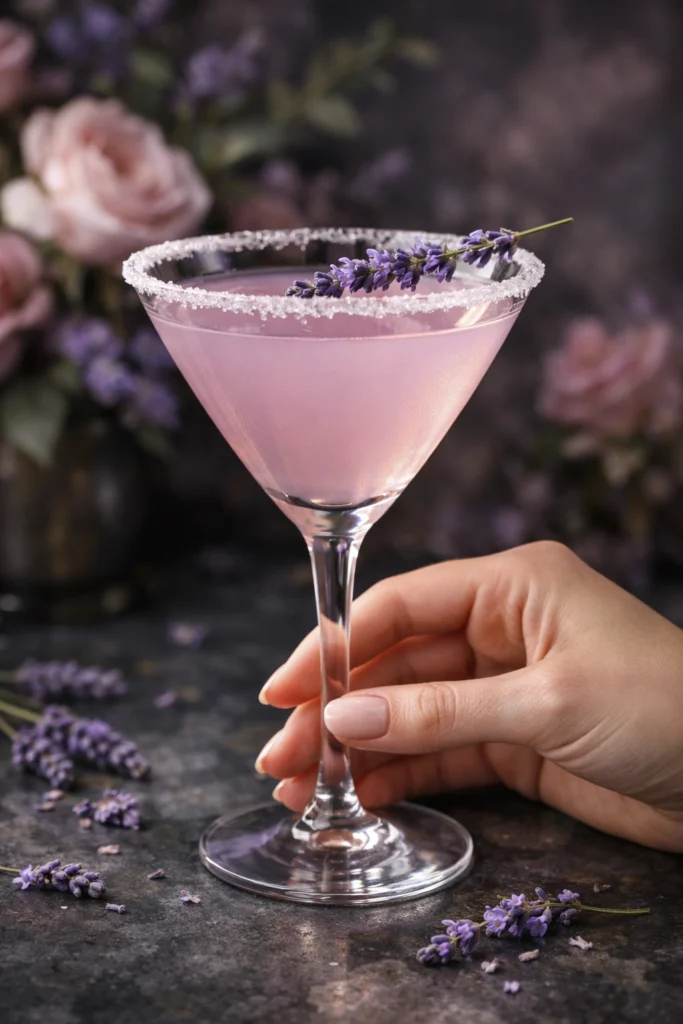 Hand holding a pale pink lavender cocktail in a martini glass with a sugared rim and lavender garnish.