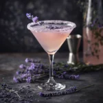 Elegant lavender cocktail in a martini glass with a sugared rim and fresh lavender garnish on a dark floral background.