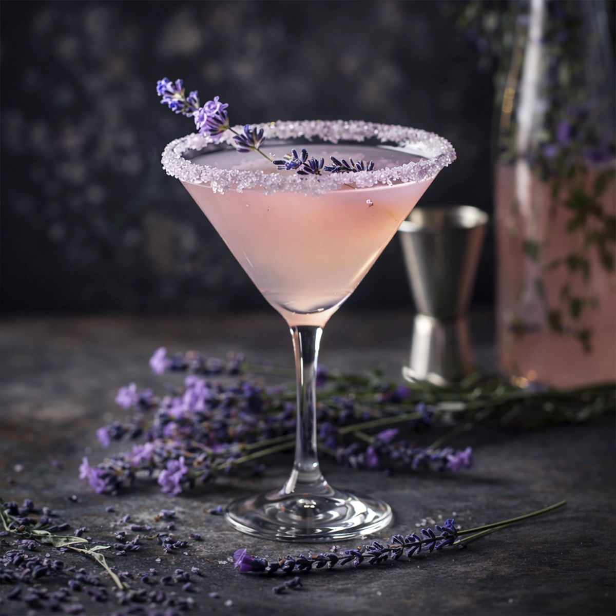 Elegant lavender cocktail in a martini glass with a sugared rim and fresh lavender garnish on a dark floral background.