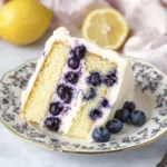 Slice of lemon blueberry layer cake with white buttercream frosting served on a vintage floral plate with fresh lemon in the background.