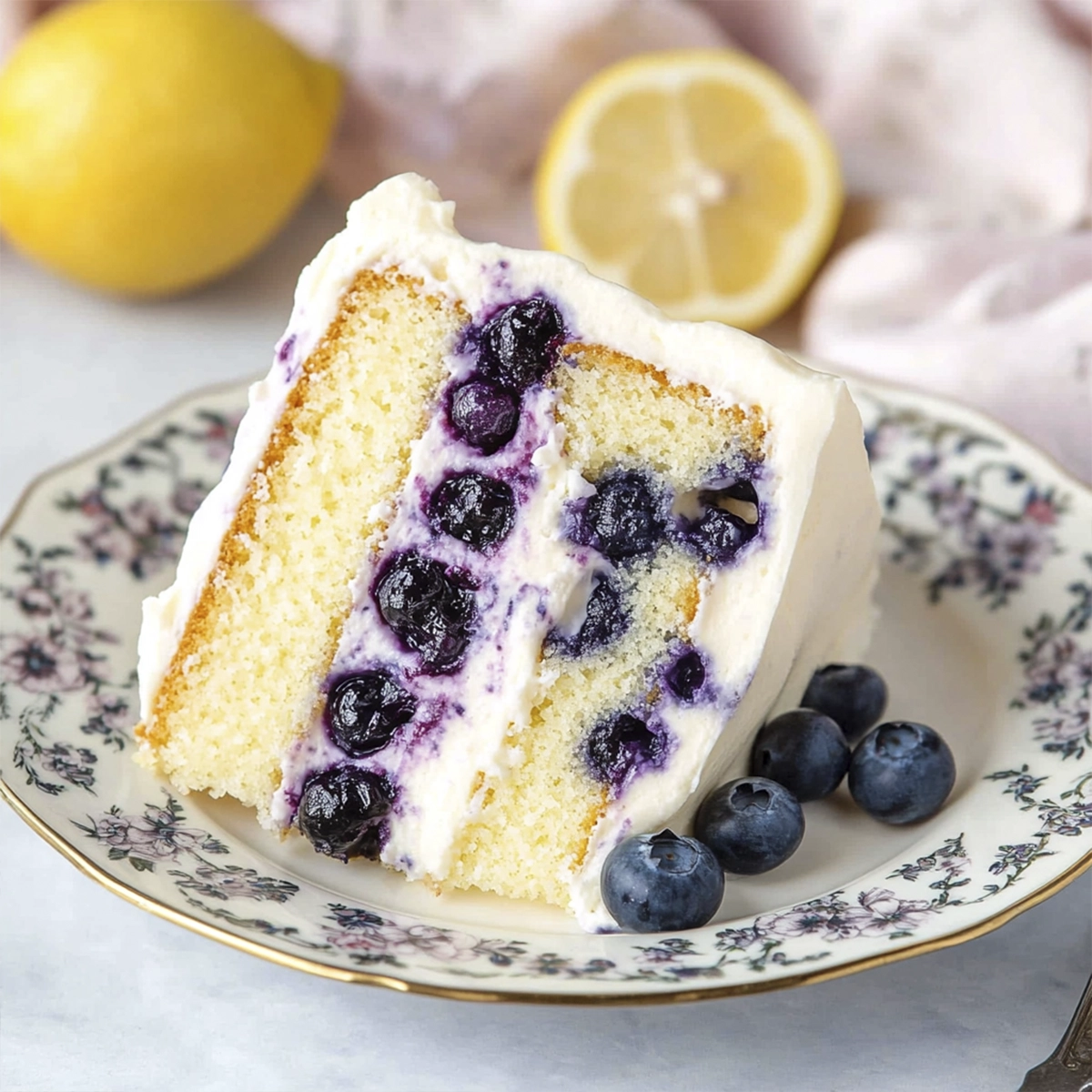 Slice of lemon blueberry layer cake with white buttercream frosting served on a vintage floral plate with fresh lemon in the background.