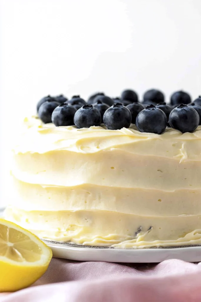 Close-up of lemon blueberry cake with cream cheese frosting and fresh blueberries on top against a white background.
