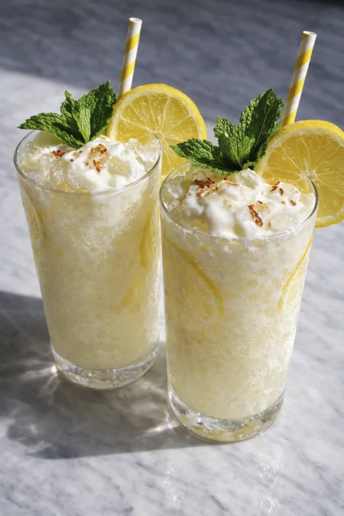 Two creamy frozen lemon drinks in clear glasses topped with whipped cream, mint leaves, chili flakes, crushed ice, and lemon slices in bright natural sunlight.