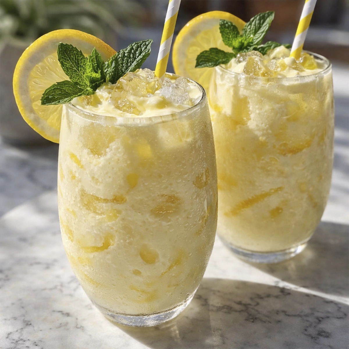Two creamy iced lemon drinks with mint leaves, lemon slices, and striped straws served in clear glasses on a marble table in bright sunlight.