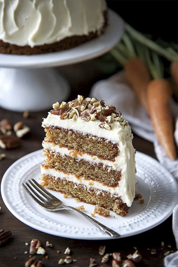 Slice of layered carrot cake with cream cheese frosting and chopped nuts served on a white plate.