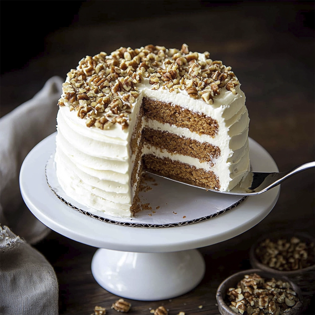 Homemade layered carrot cake with cream cheese frosting and chopped nuts on a white cake stand.