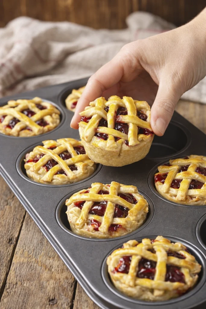 Mini cherry pies with flaky golden crust and glossy cherry filling baked in a muffin tin and held by hand.