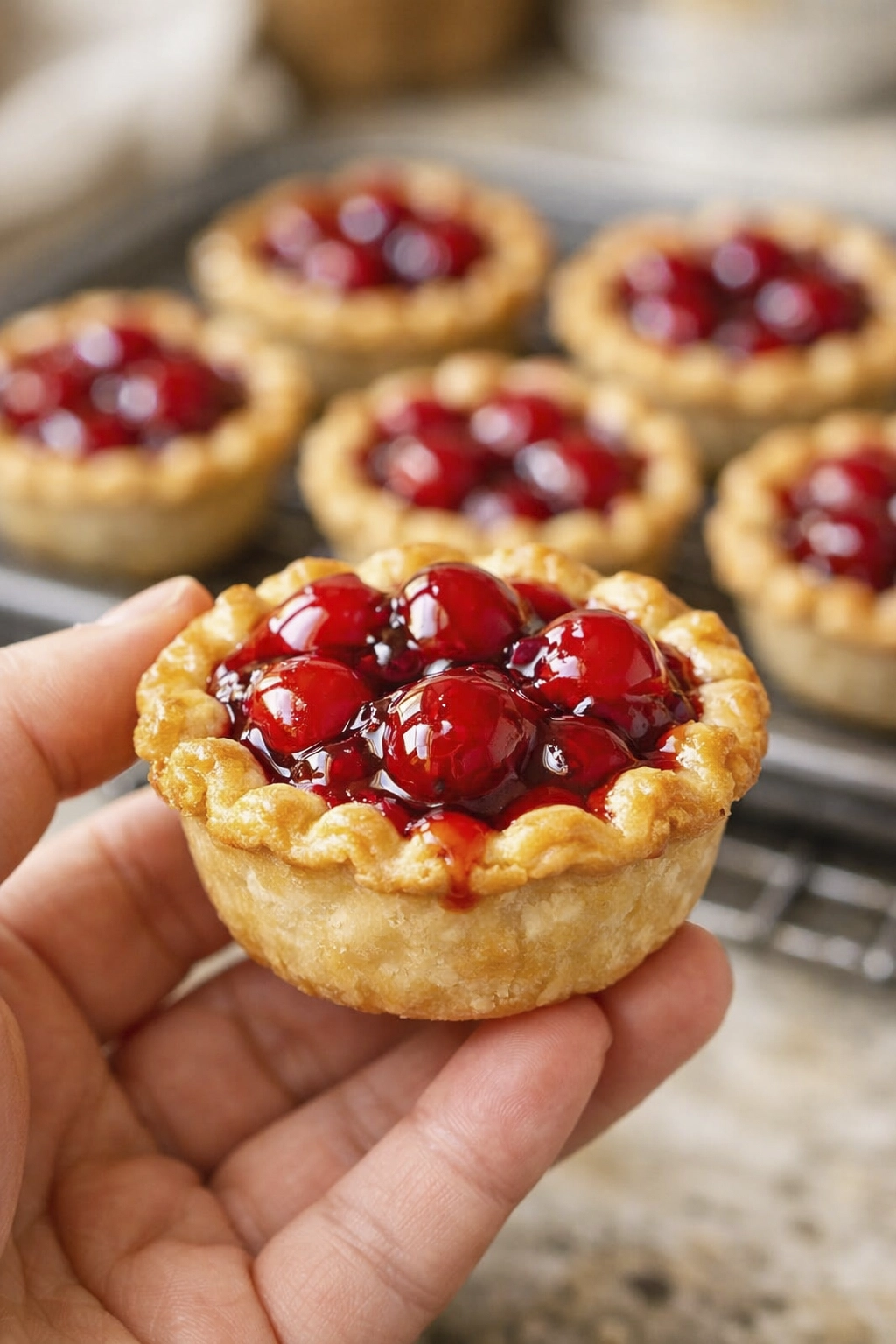 Mini cherry pies with flaky golden crust and glossy cherry filling baked in a muffin tin and held by hand.