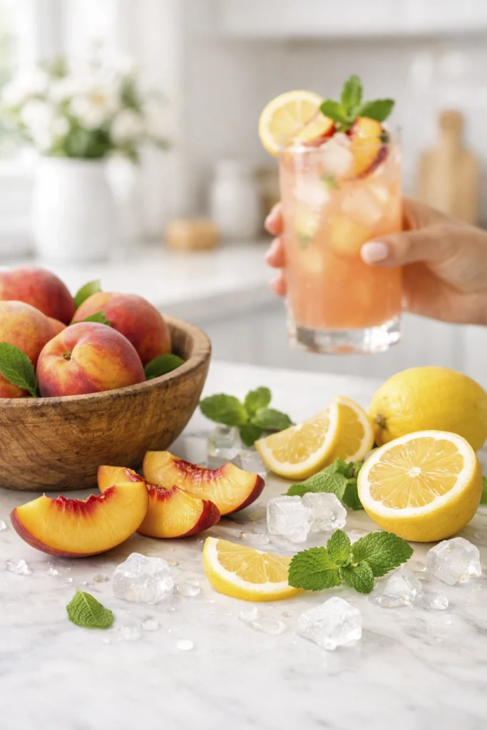 Fresh peach lemonade drink with lemon slices, mint, and ice in a bright kitchen setting