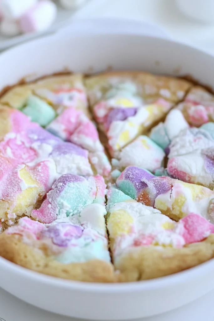 Pastel marshmallow dessert pizza sliced into squares with melted pink, blue, and yellow marshmallows on a sugar cookie crust in a white baking dish.