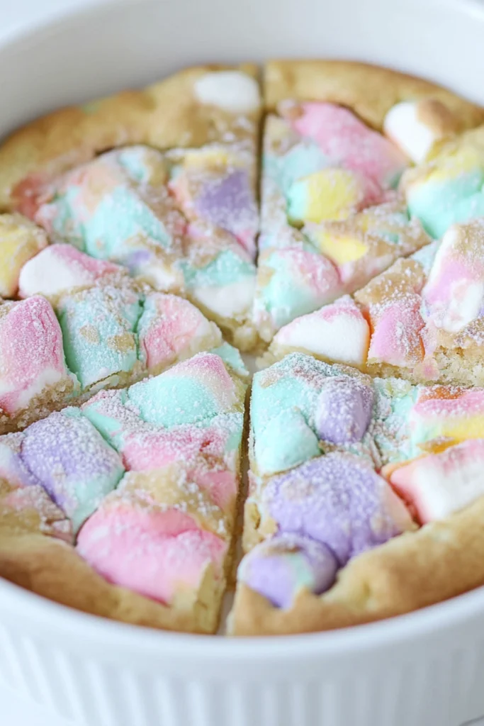 Close-up of pastel marshmallow cookie pizza bars baked in a white dish with gooey pink, blue, and purple marshmallows on a golden sugar cookie crust.