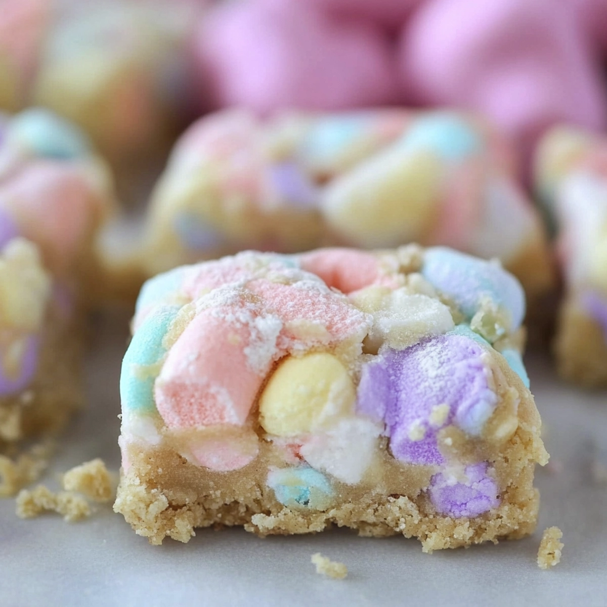 Close-up of a pastel Easter cookie bar filled with colorful marshmallow candy pieces and a pink marshmallow bunny in the background.