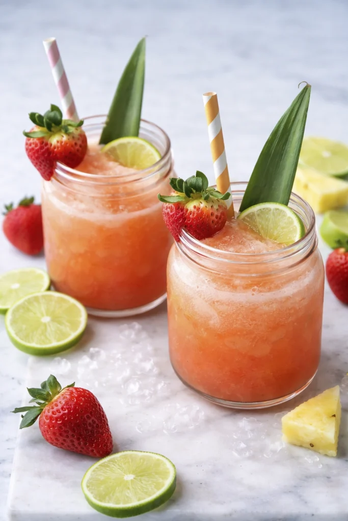 Strawberry pineapple cocktail with lime garnish and fresh fruit in a glass, bright tropical summer drink on a marble surface.
