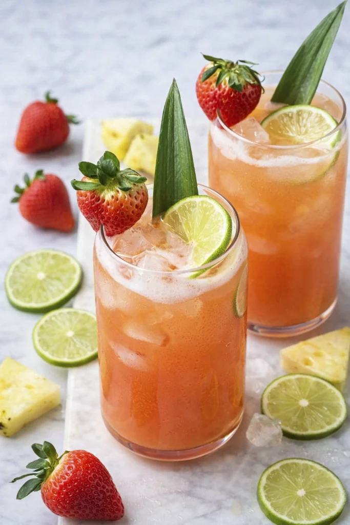 Tropical strawberry pineapple mocktail in a clear glass with lime wedge, fresh strawberry, and pineapple leaf garnish on a white marble surface.