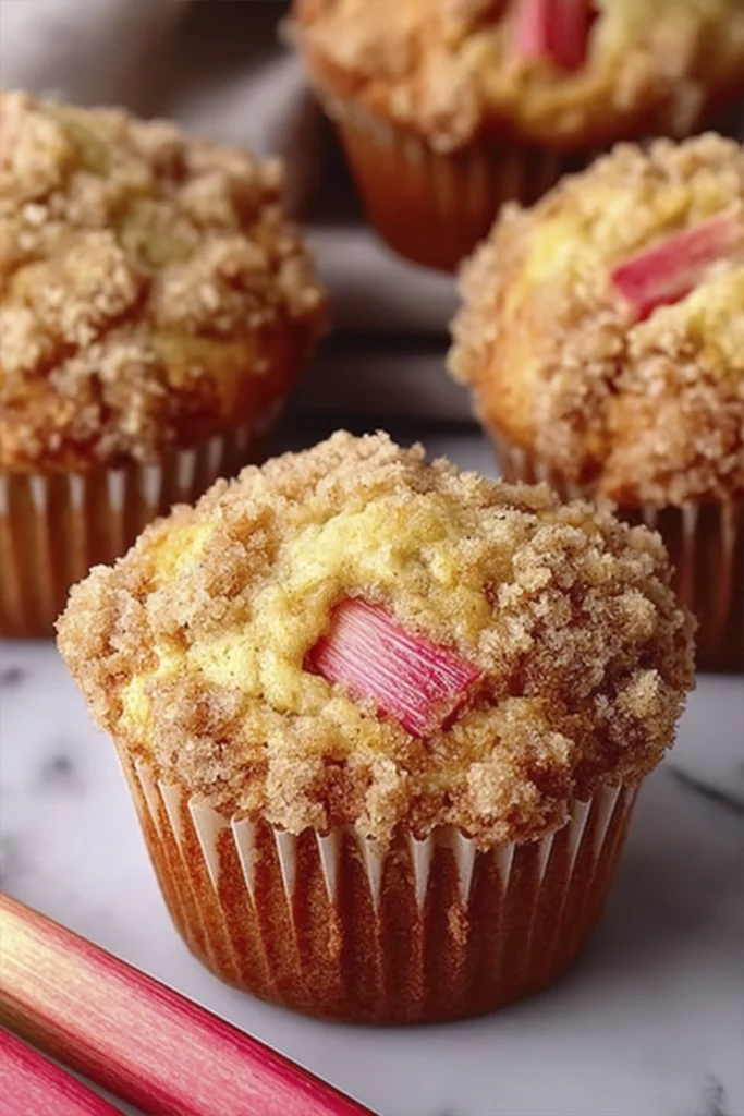 Homemade rhubarb streusel muffins with crumb topping and fresh rhubarb pieces.