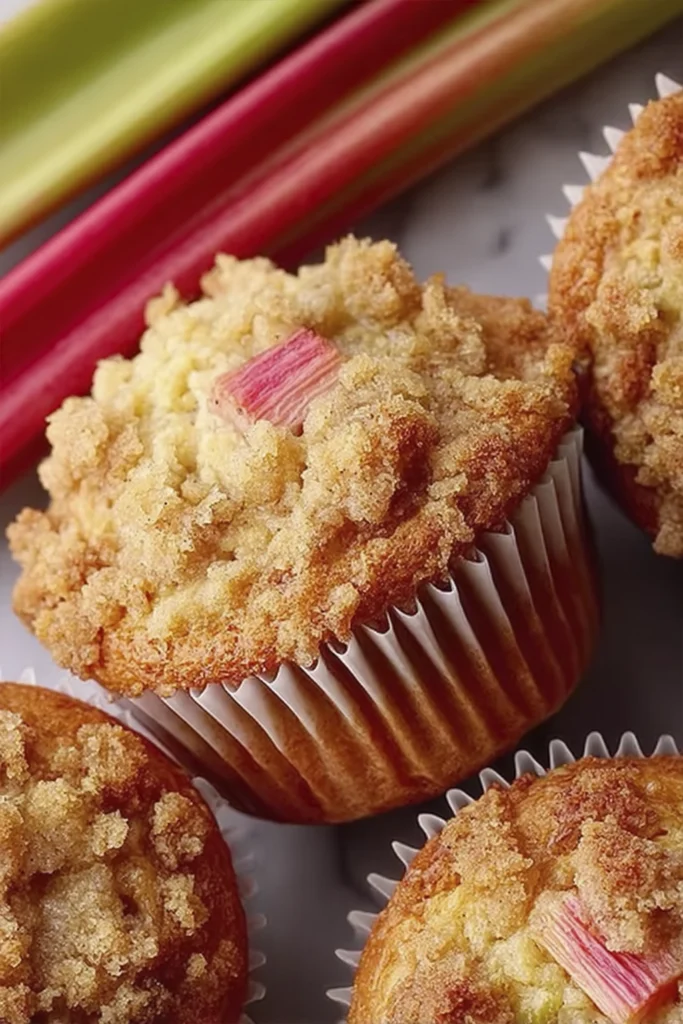 Close-up of homemade rhubarb crumb muffins with golden streusel topping and fresh rhubarb pieces.