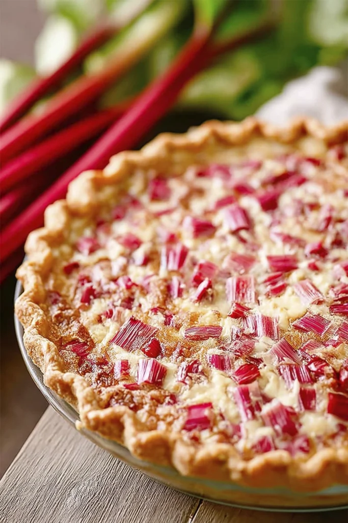 Homemade rhubarb custard pie with chopped rhubarb and golden flaky crust in a glass pie dish on a rustic wooden table with fresh rhubarb stalks.