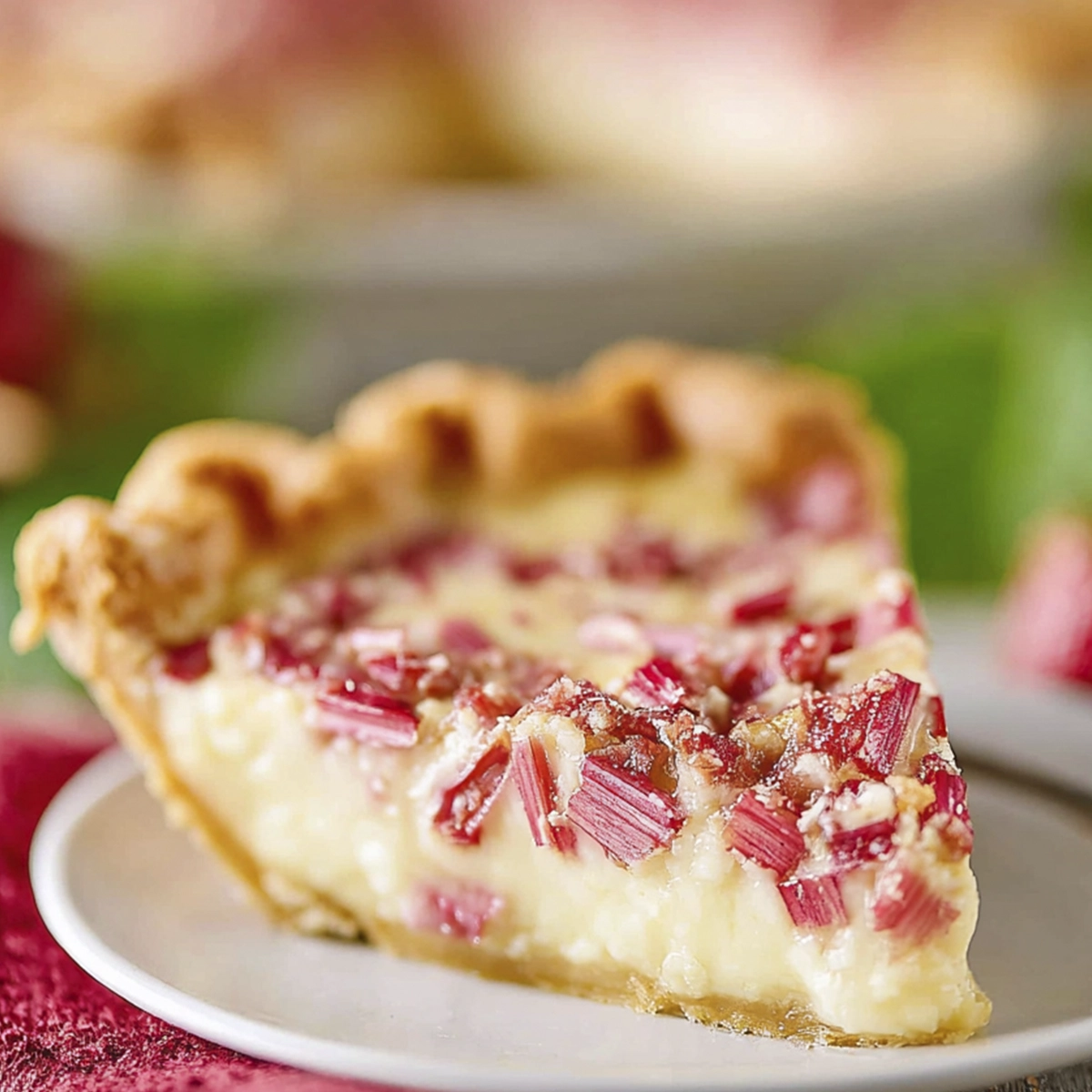 Slice of creamy rhubarb custard pie with flaky golden crust served on a white plate with fresh rhubarb topping.