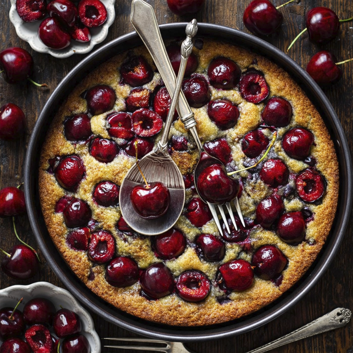 Overhead view of a rustic cherry cake baked in a round pan and topped with whole juicy cherries on a dark wooden table with vintage silver utensils.